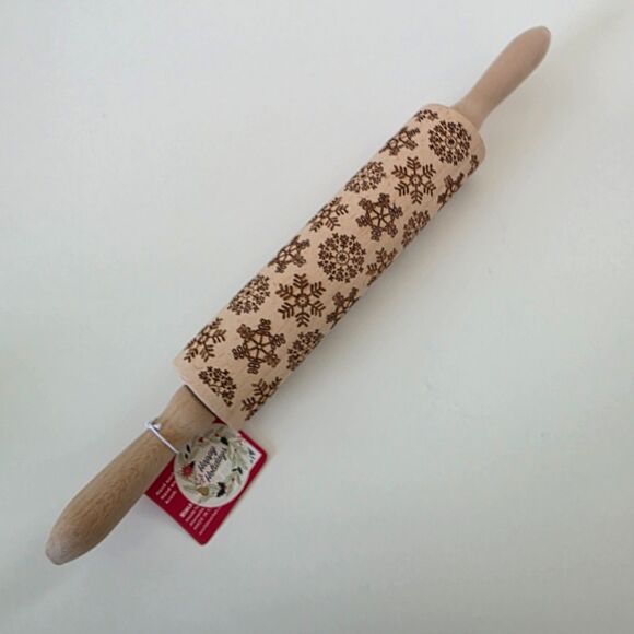 World Market Embossed Rolling Pin Snowflake Pattern Wooden Cookie Dough Roller - Picture 3 of 9